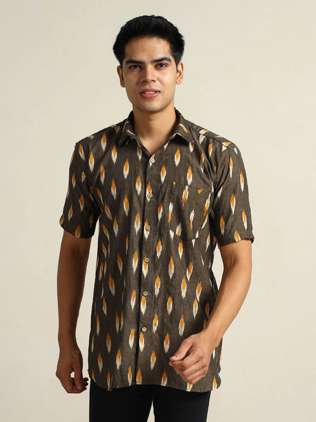 iTokri Self Design Spread Collar Pochampally Ikat Weave Cotton Shirt