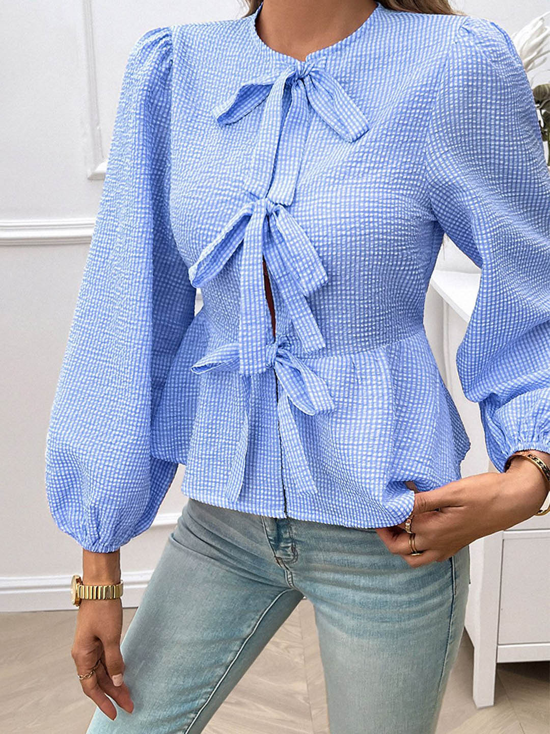 JC Mode Checked Tie-Up Neck Puff Sleeve Shirt Style Top