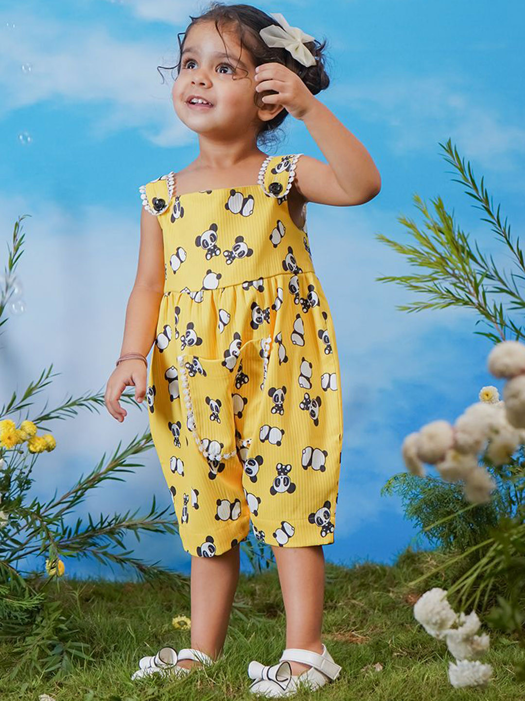 VASTRAMAY Girls Allover Panda Printed Pure Cotton Square Neck Rompers