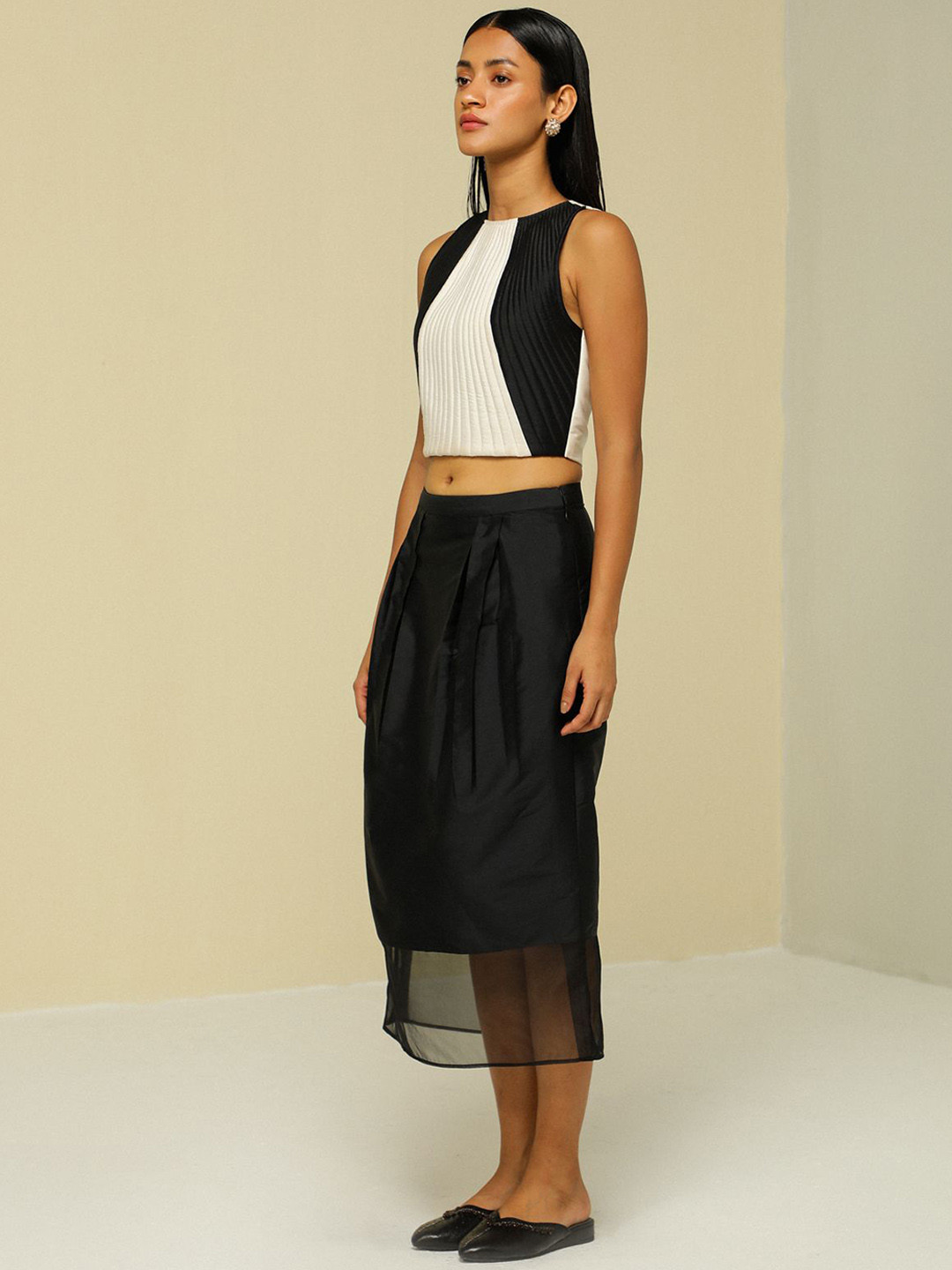 ZAITRA Pure Silk Semi-Sheer Tulip Midi Skirt