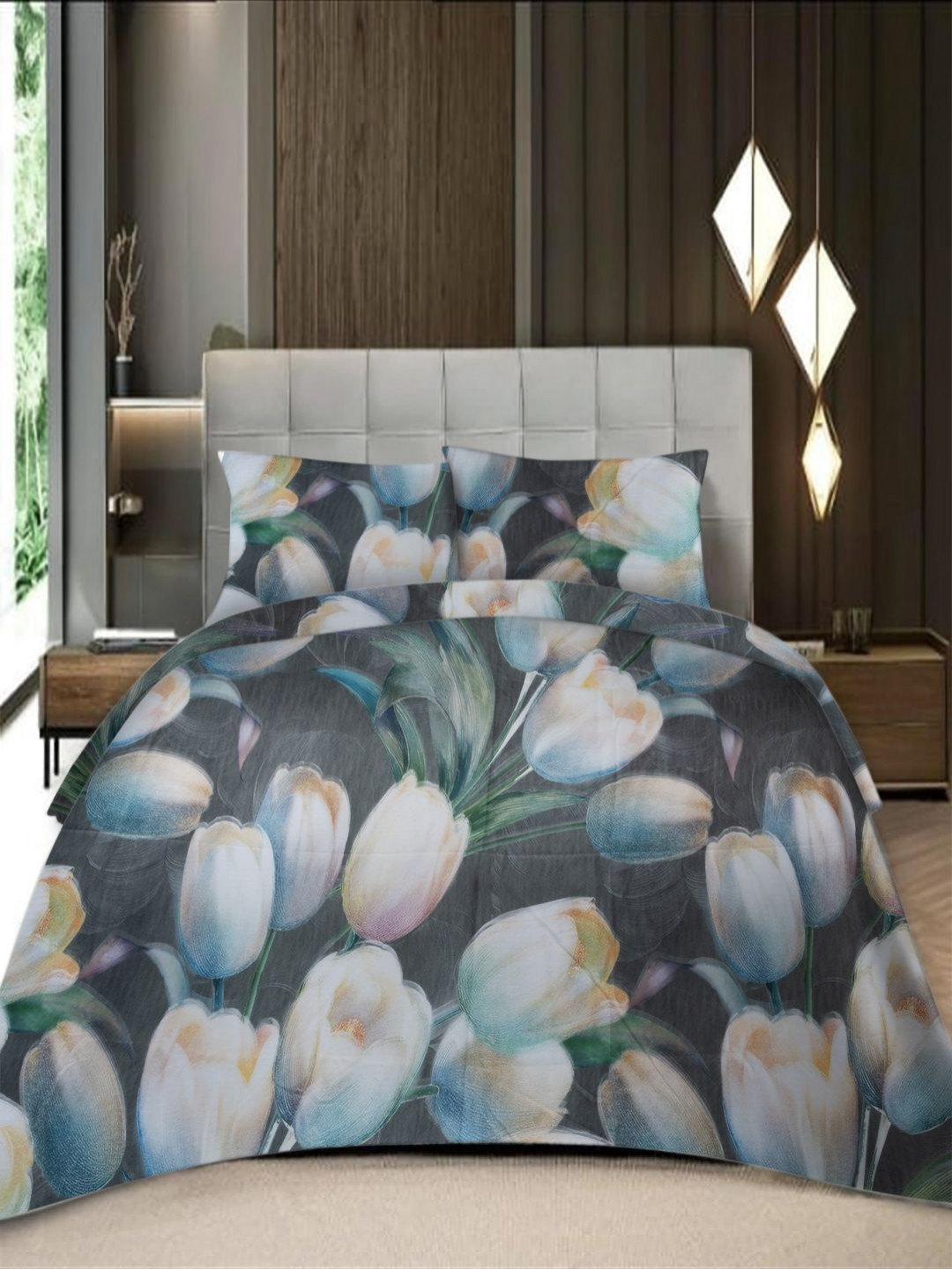 Threadwear Essential Series Black Floral Polycotton 350 TC King Superfine Bedsheet with 2 Pillow Covers-108 x 108 inches
