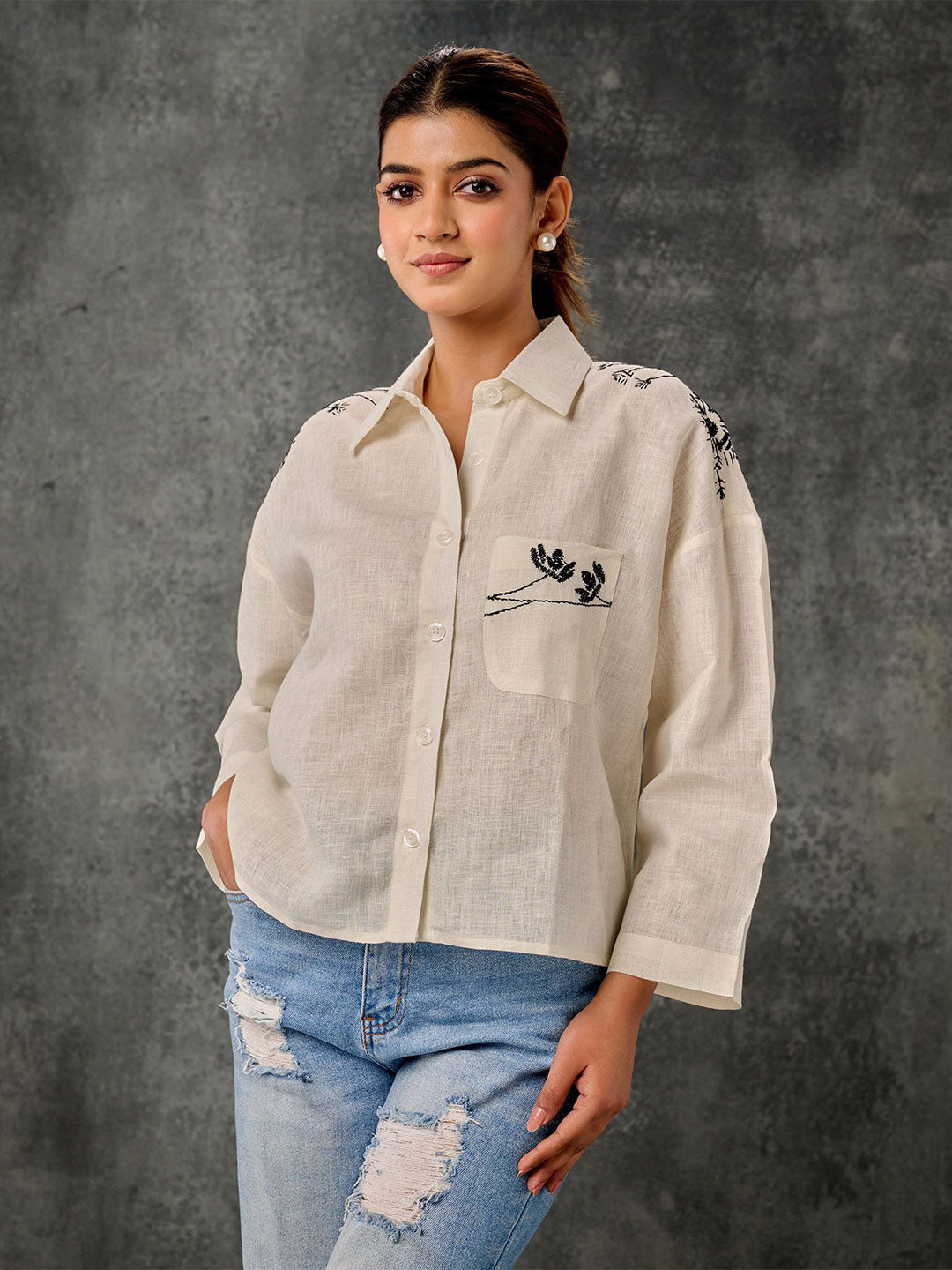 Phulkari Forever Comfort Floral Embroidered Spread Collar Pure Linen Shirt