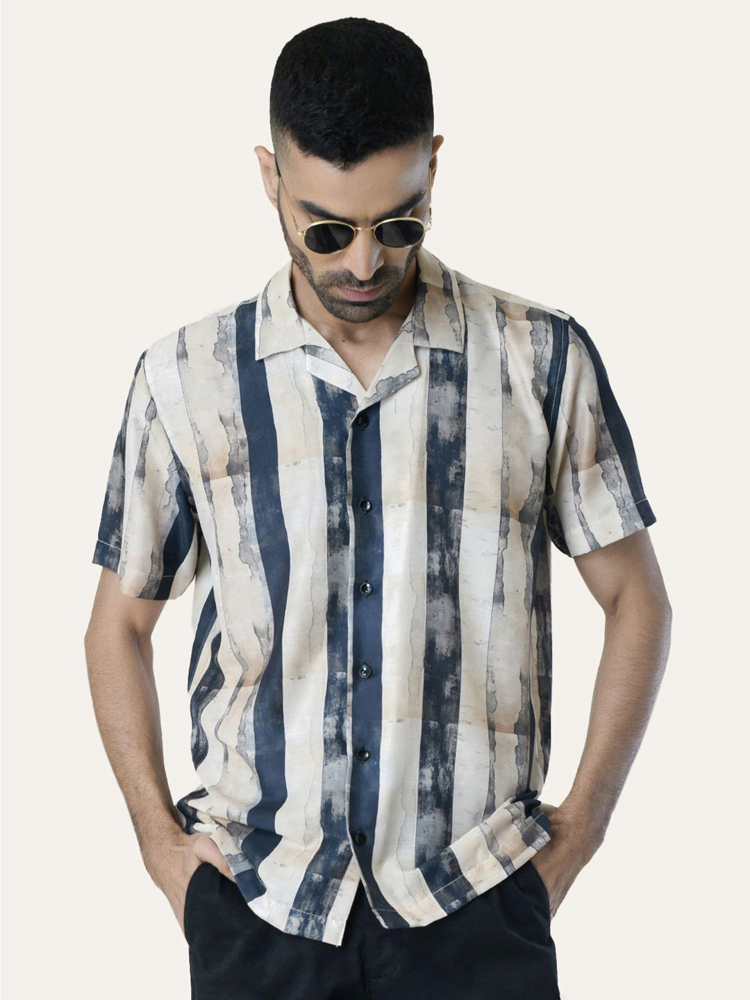 PERCH Men Cream Striped Rayon Casual Shirt