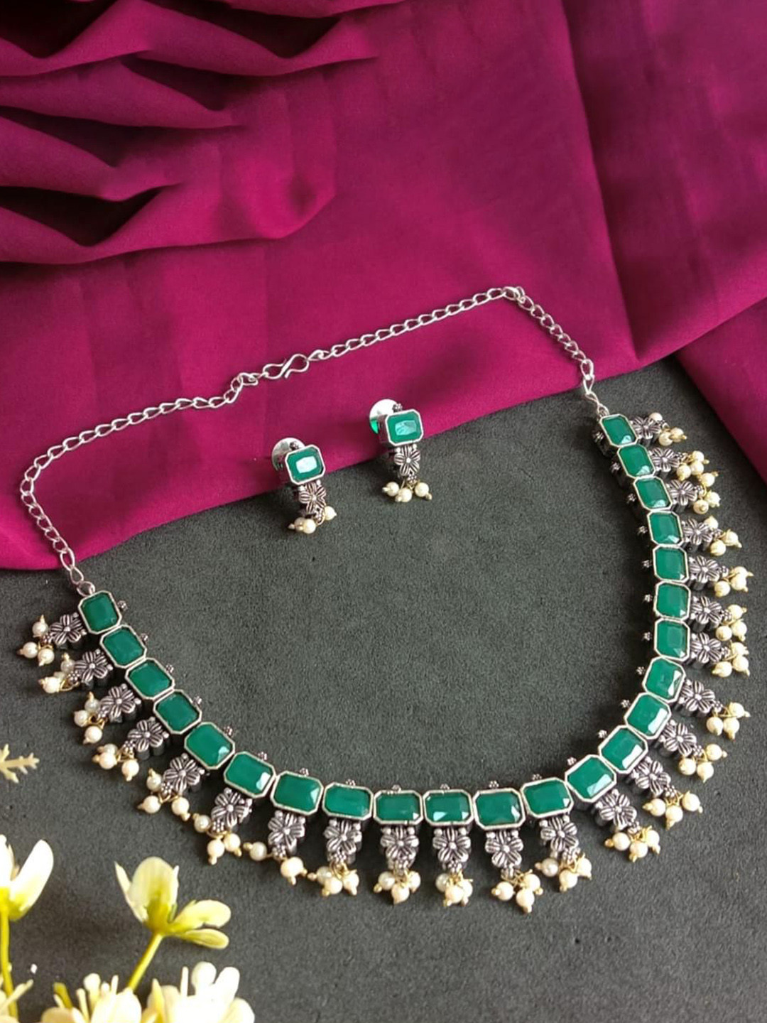Efulgenz Silver-Plated Crystal-Studded & Artificial Beaded Oxidized Jewellery Set