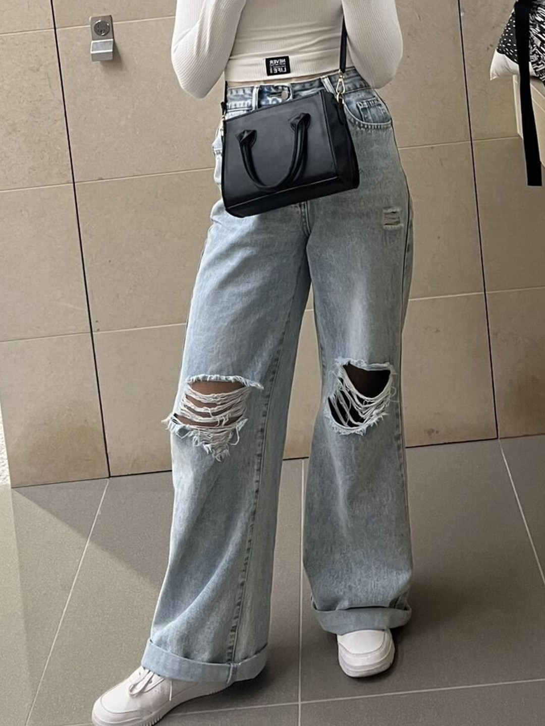 Aadvi Fashion baggy Women Smart Wide Leg High-Rise Highly Distressed Stretchable Jeans