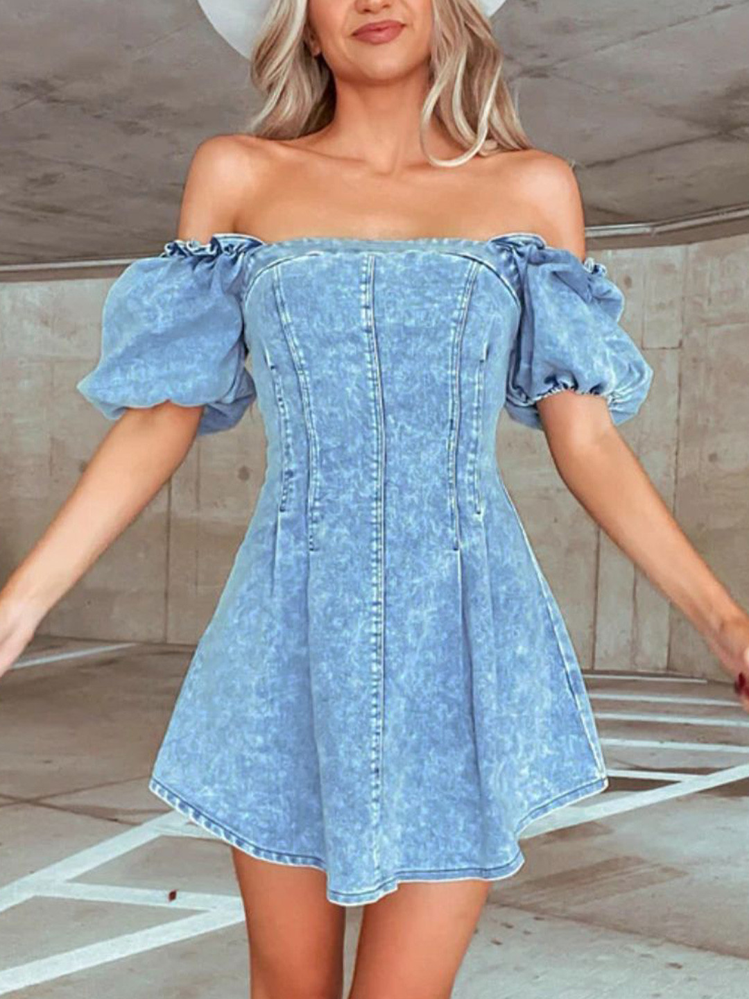 all about you Denim Fit & Flare Mini Dress