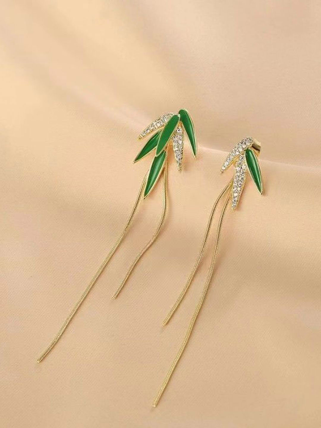 KRENOZ Gold-Plated Rhinestone Leaf Shaped Drop Earrings