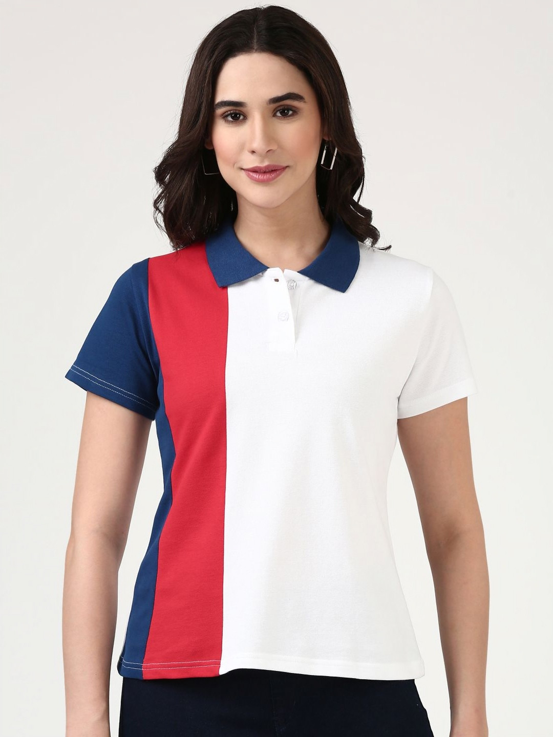 FILMODE Women Cotton Colourblocked Regular Fit Polo Collar T-shirt