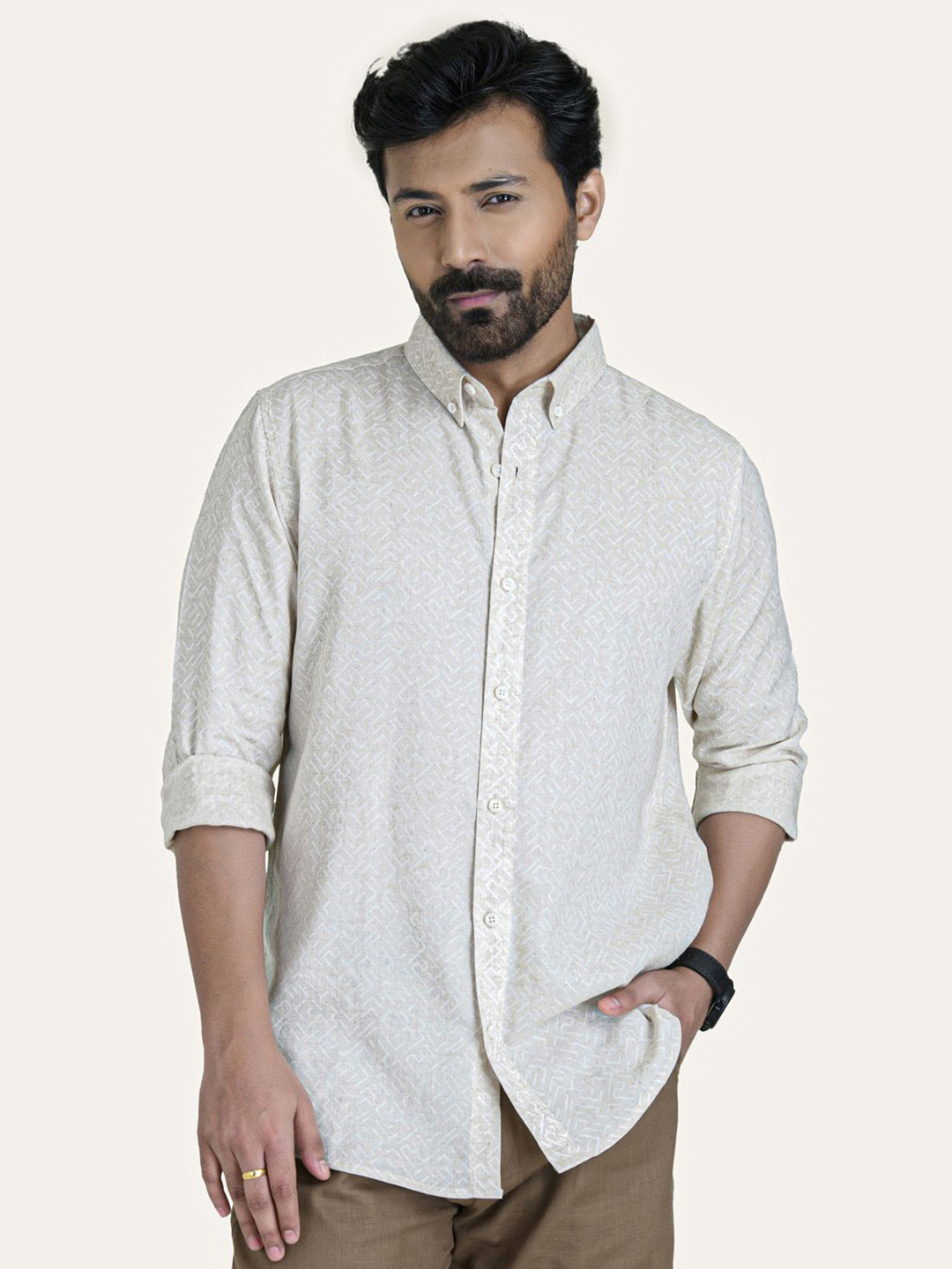 PERCH Men Beige Color Abstract Printed Linen Cotton Shirt