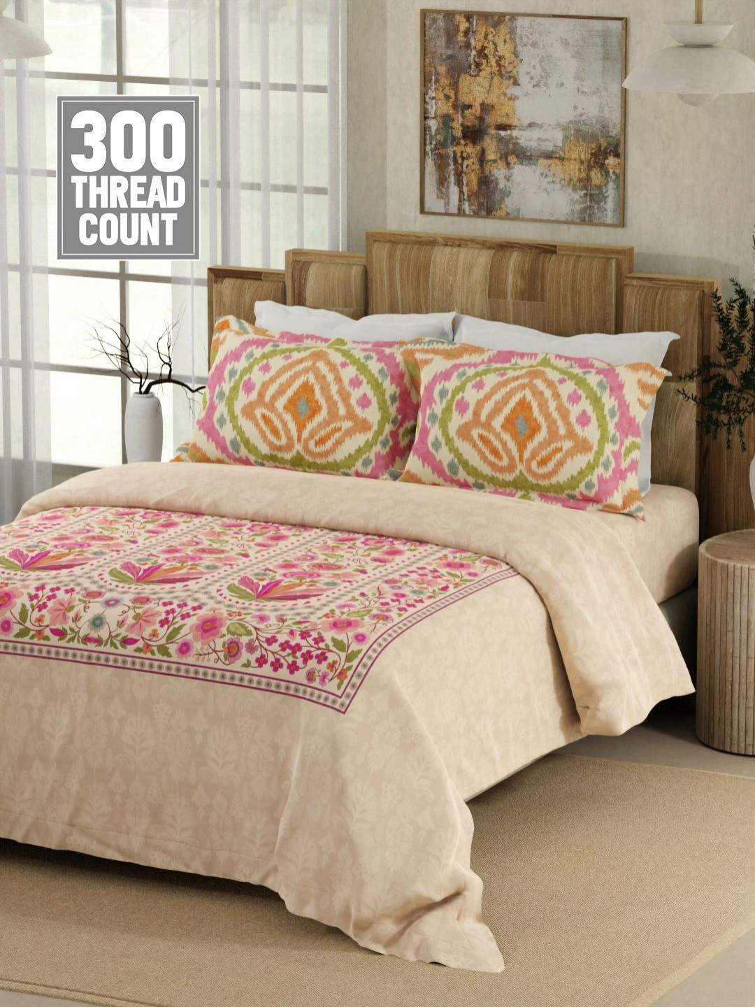 Boutique Living India Pink & Yellow Floral 300 TC King Bedsheet with 2 Pillow Covers