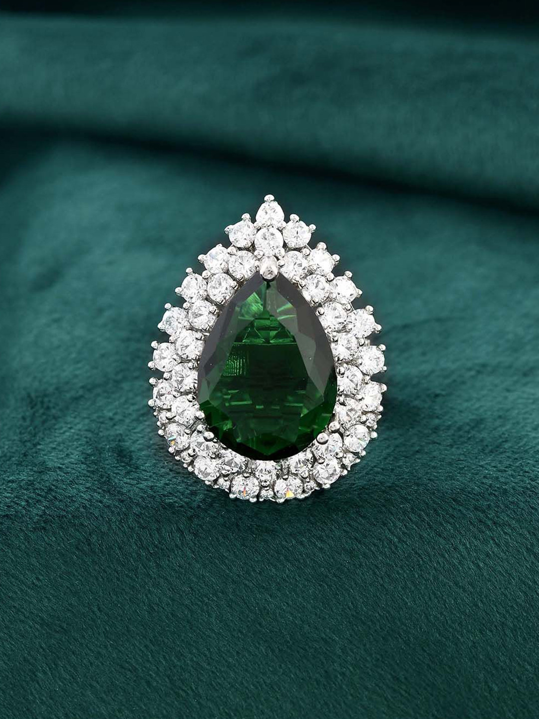 Voylla Sliver-Plated Sparkling Elegance Moonlit Shine Solitaire American Diamond Ring