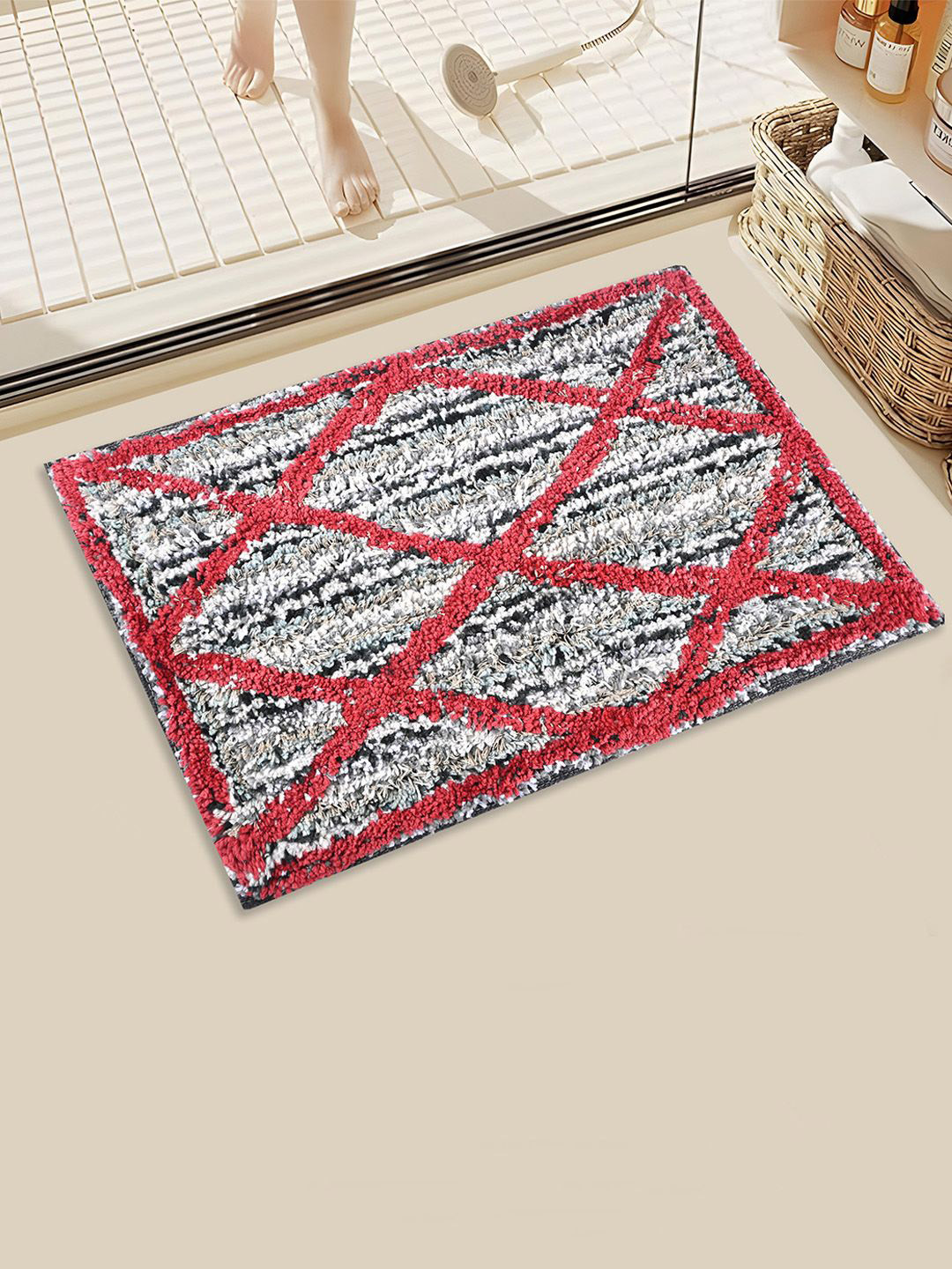 Kuber Industries Red & White Microfibre Super Soft Bathroom Door Mat