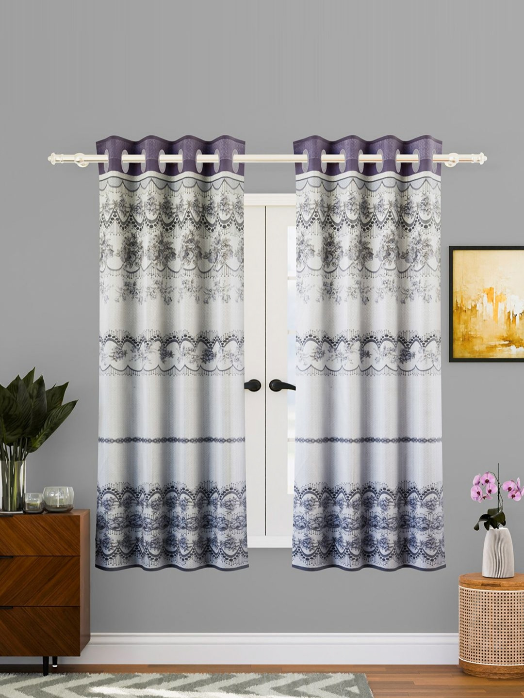 Aura Cream & Blue 2 Pieces Floral Printed Black Out Cotton Window Curtain