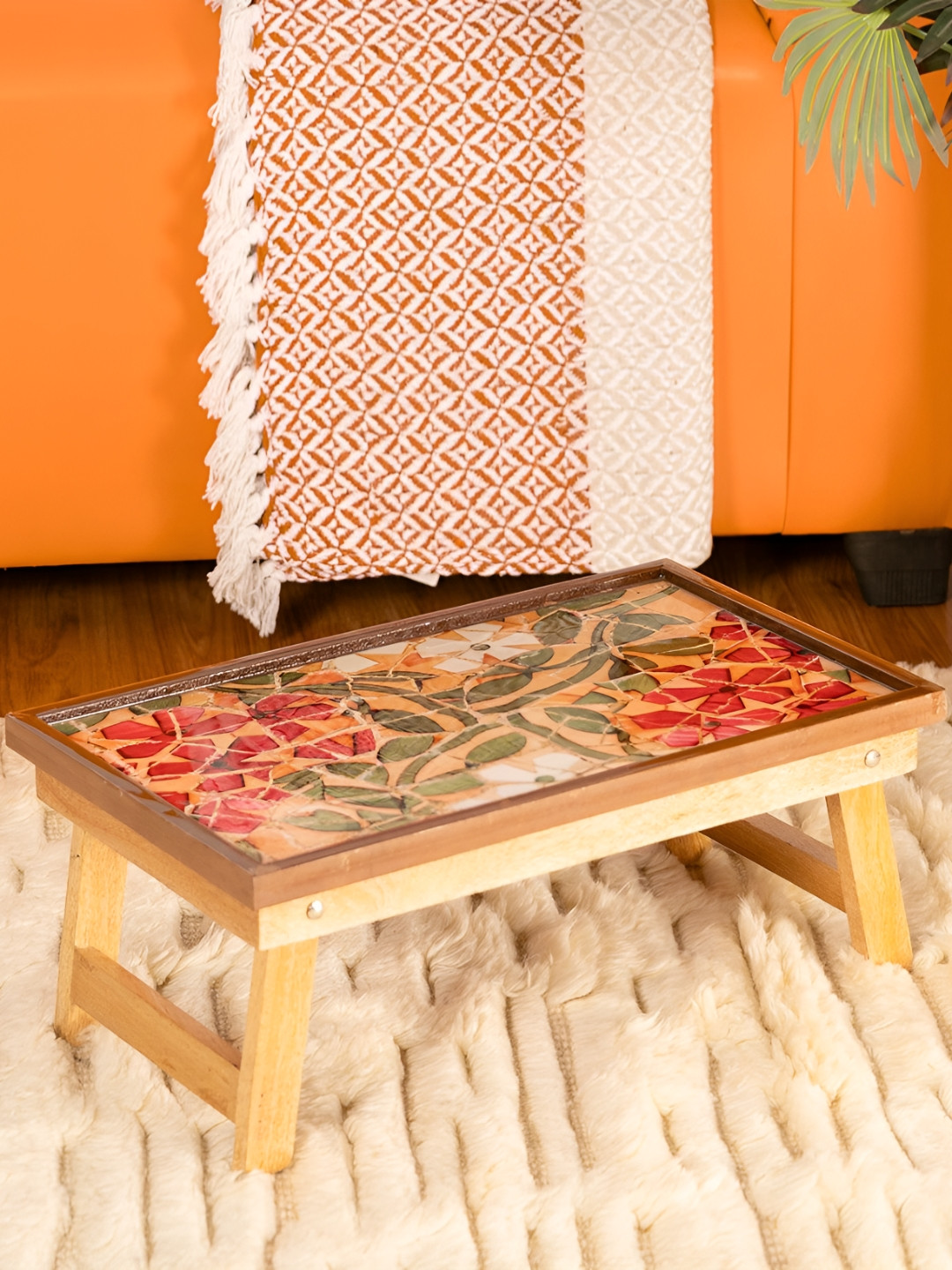 THREADVIBE LIVING Beige & Red Printed Wooden Foldable Laptop Table