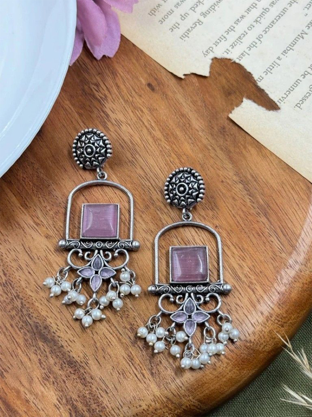 NAMAN ARTS Silver-Plated Artificial Stones Studded & Beaded Antique Drop Earrings