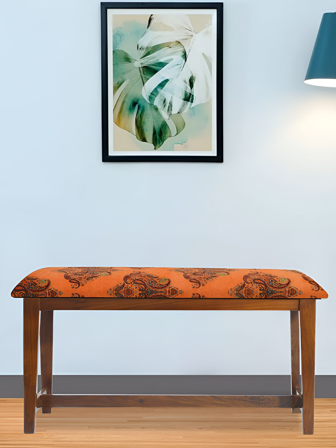 GLOBALLY INDIAN Orange & Brown Sheesham Wooden Cushioned Rectangle Bench