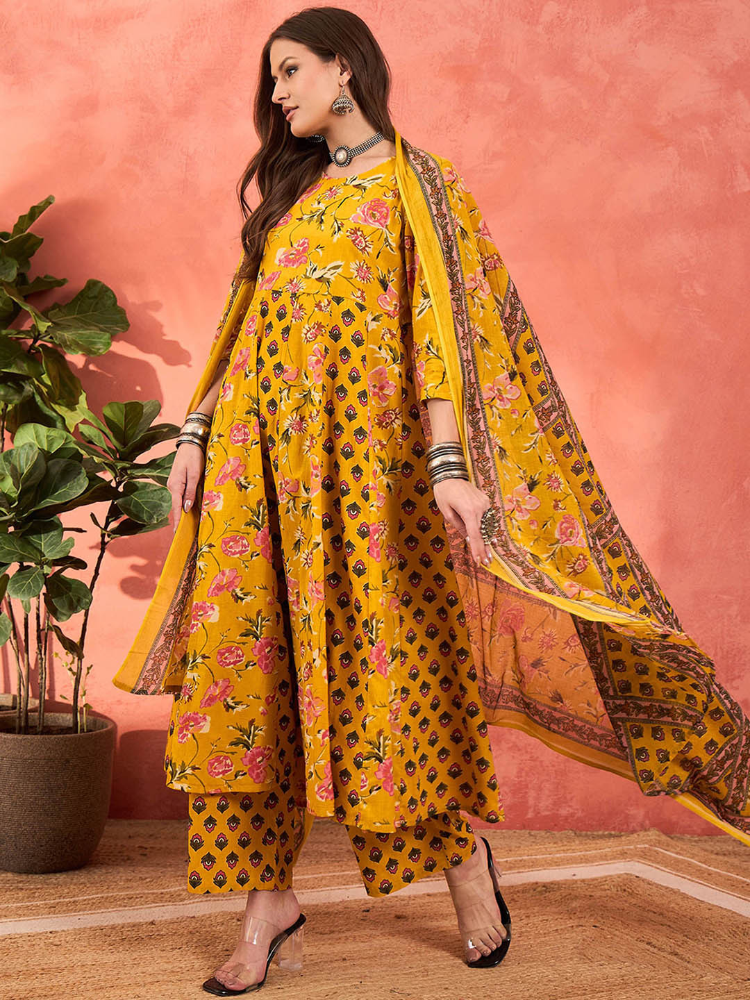 Shae by SASSAFRAS Floral Printed Pure Cotton A-Line Kurta With Palazzos And Dupatta
