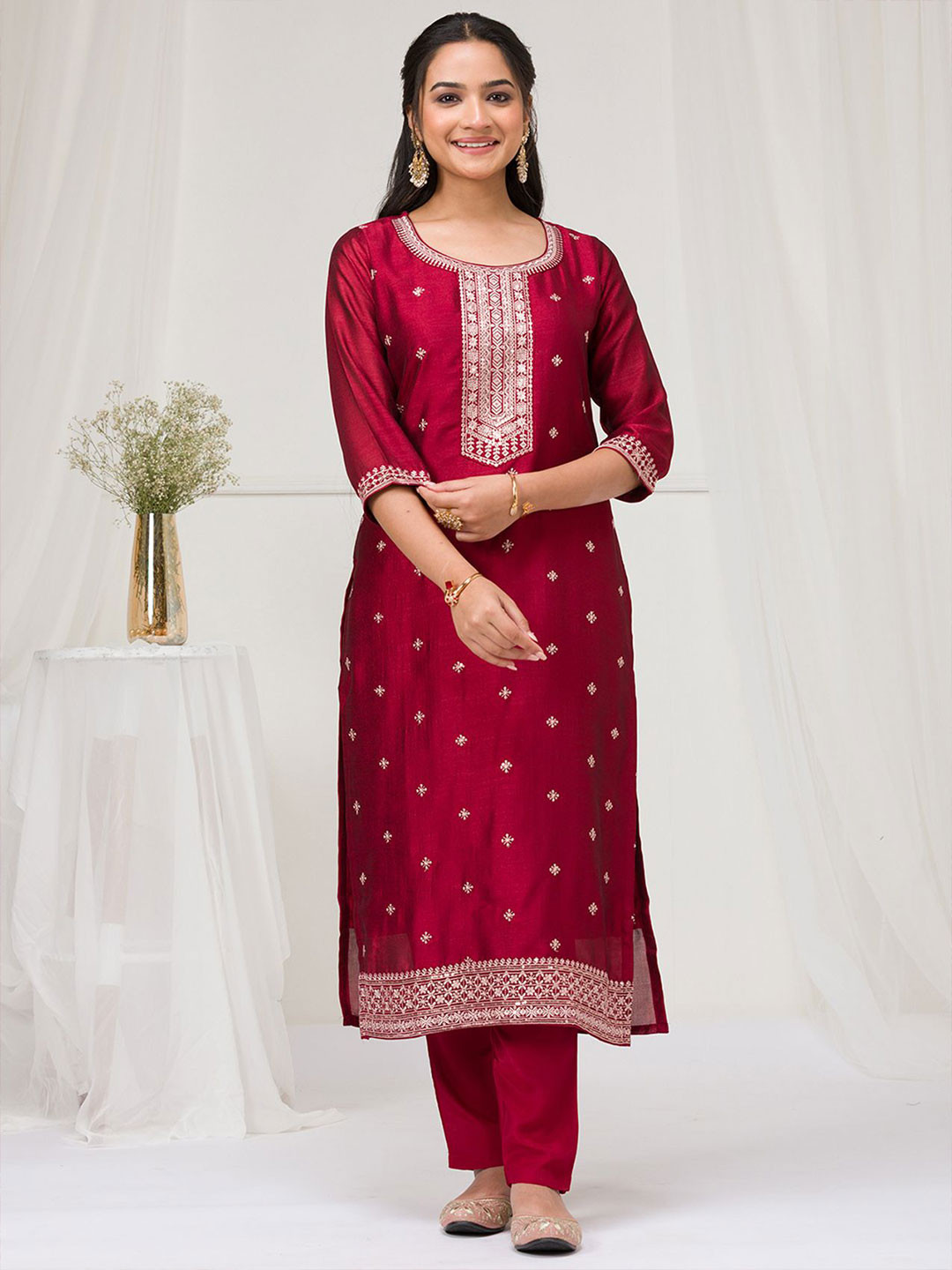 Koskii Women Floral Embroidered Regular Thread Work Raw Silk Kurta With Trousers