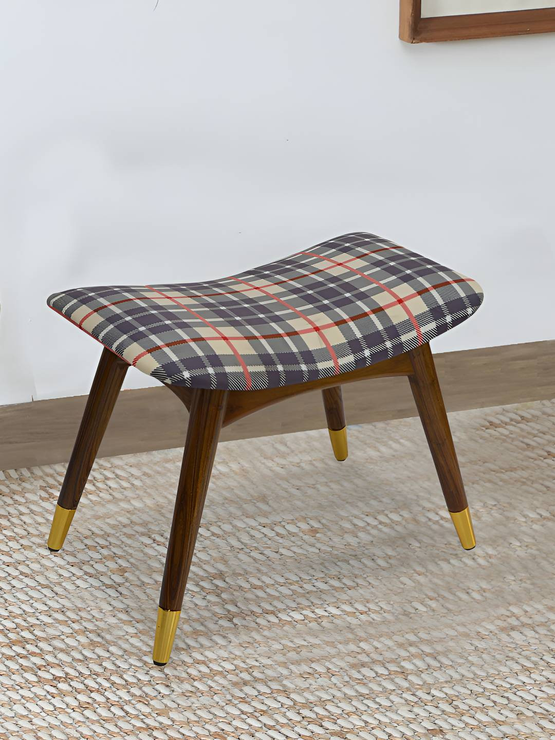 GLOBALLY INDIAN Blue & Red Printed Wood Stool With Velvet Cushioned Seat
