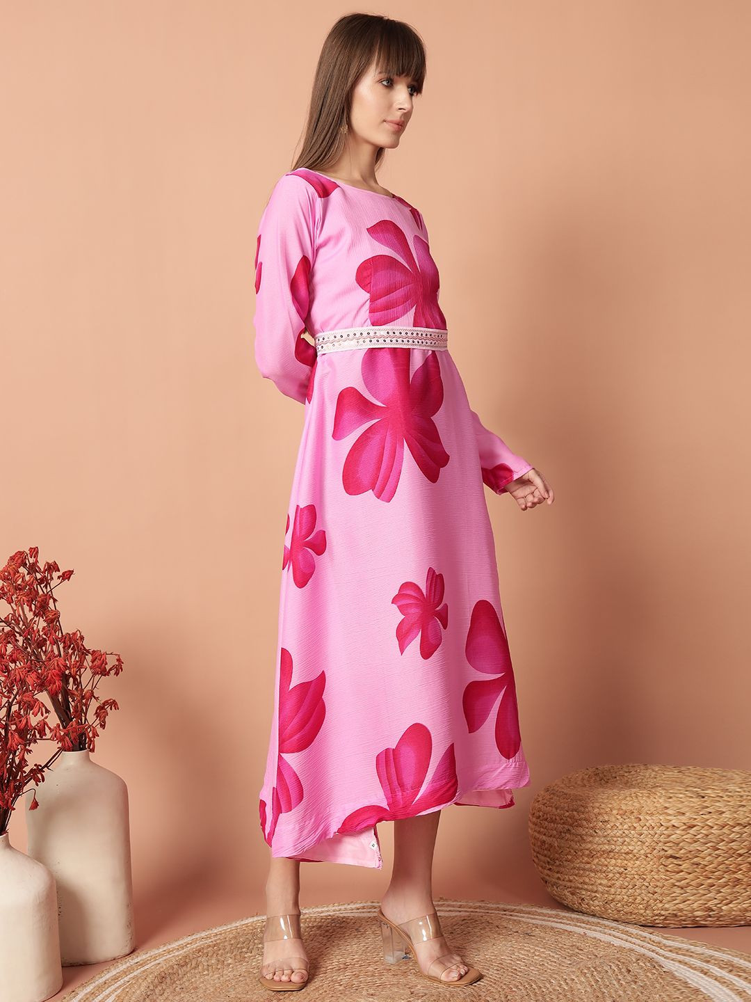 Krunal Raiyani Floral Printed Midi Length Ethnic Dresses With Dupatta