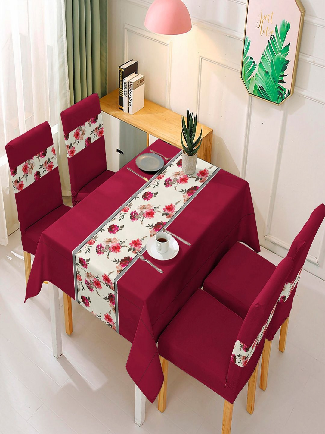 HOKIPO Maroon & White 5 Pieces Printed Chair Covers With Matching Rectangular Tablecloth