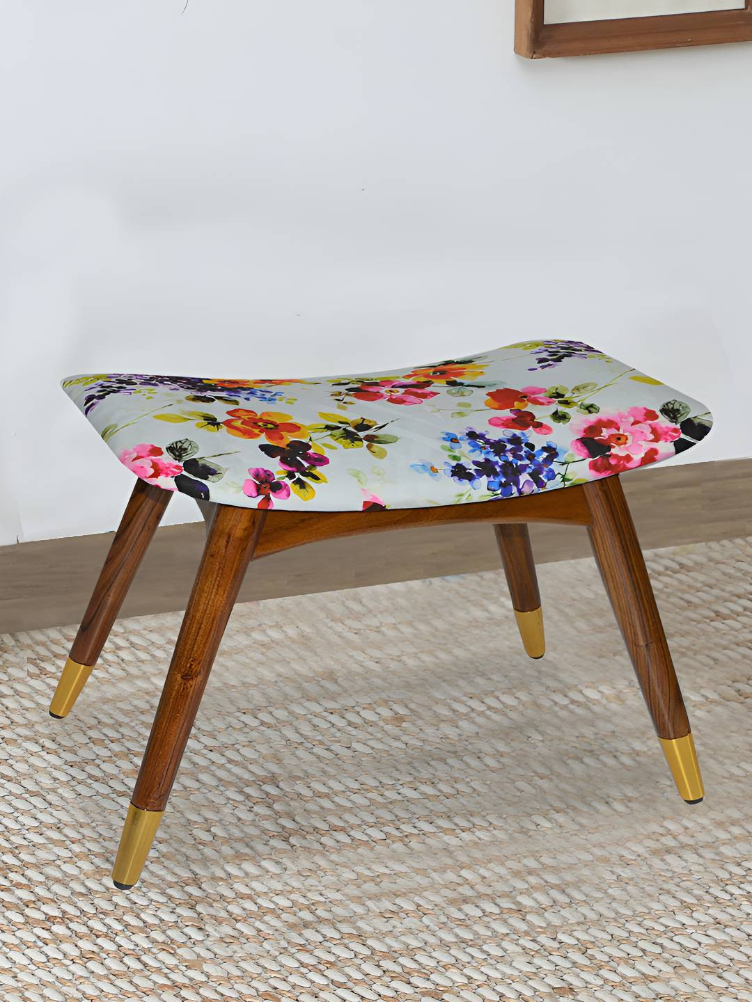 GLOBALLY INDIAN White & Brown Printed Wood Stool With Velvet Cushioned Seat