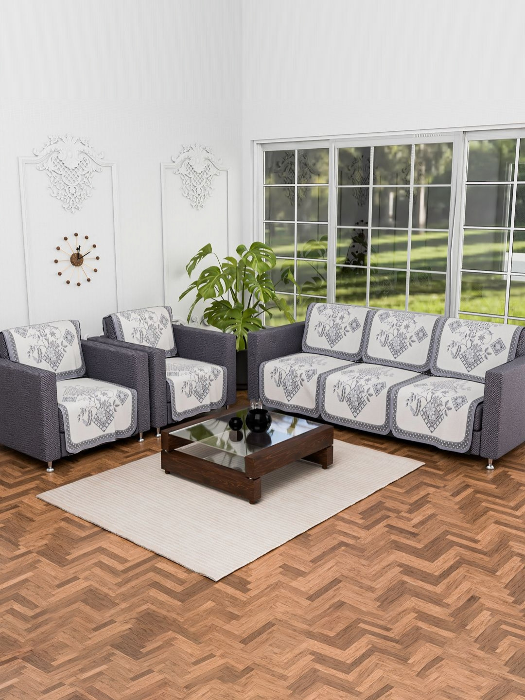 Aura Cream & Grey 10 Pieces Chokdi Printed 5 Seater Cotton Sofa Cover