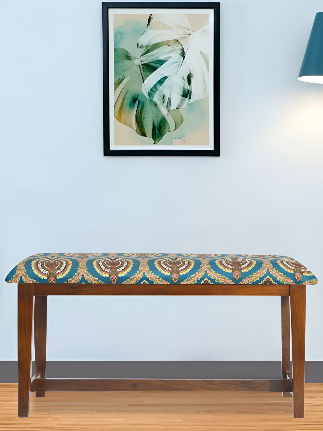 GLOBALLY INDIAN Teal Blue Colored Wooden Cushioned Rectangle Bench