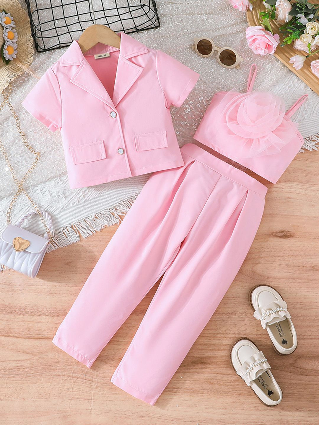 INCLUD Girls Short Sleeves Top With Pleated Pants And Camisole Top