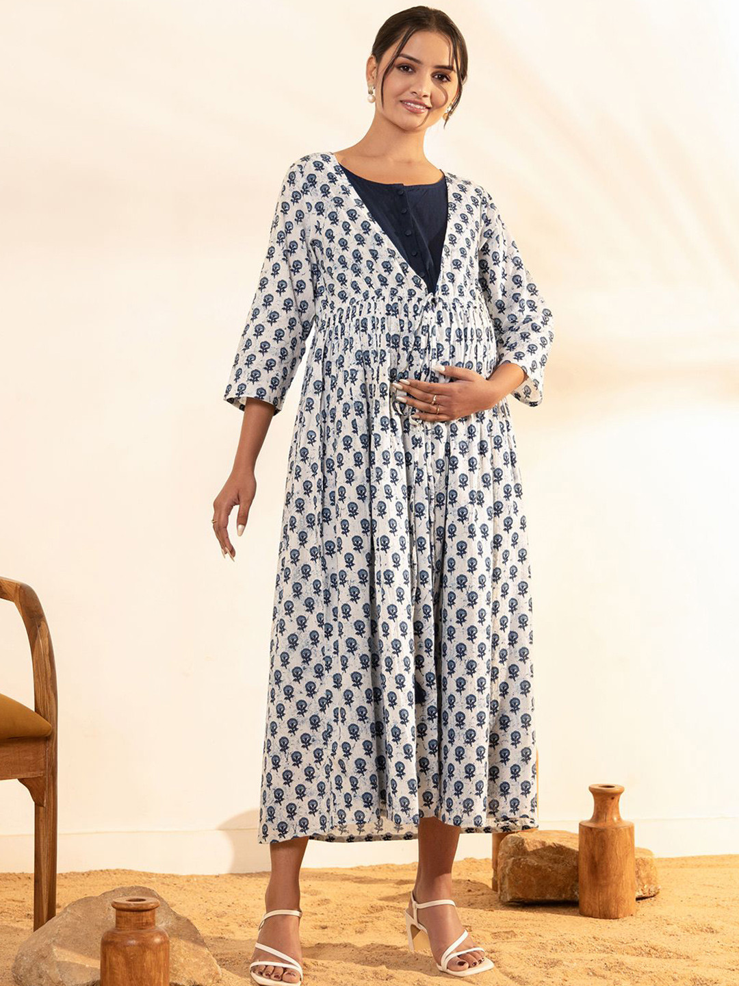Janasya Women White Pure Cotton Floral Printed A-Line Maternity Ethnic Dresses