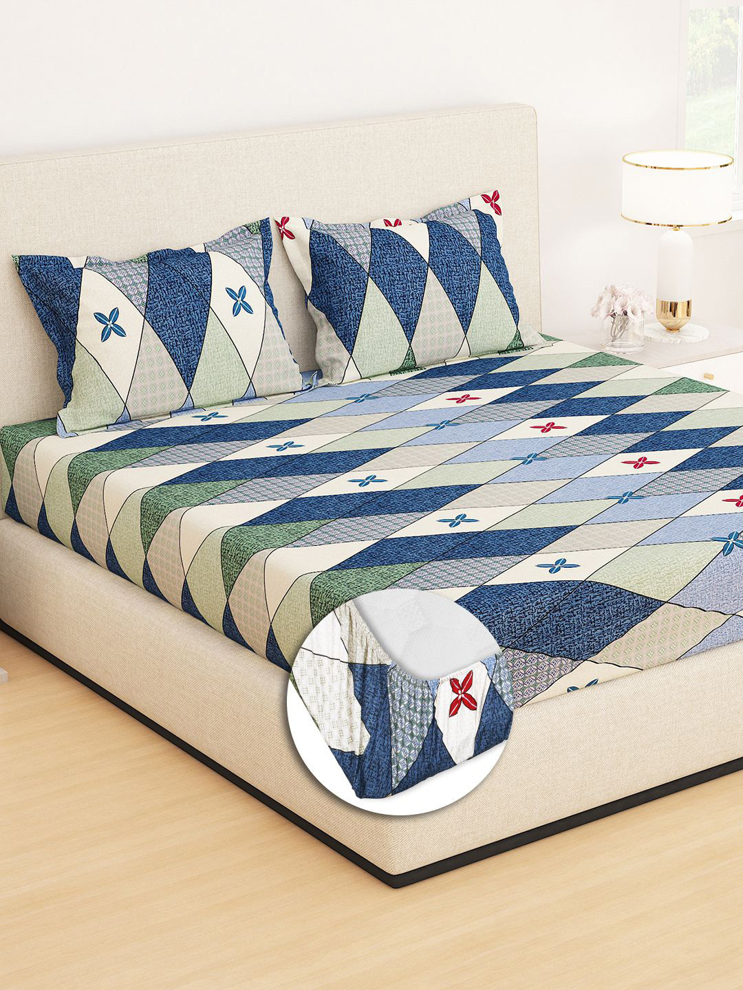 Story@home Monte Blue Geometric Microfiber 210 TC Fitted Queen Fine Bedsheet with 2 Pillow Covers-220 x 240 cm