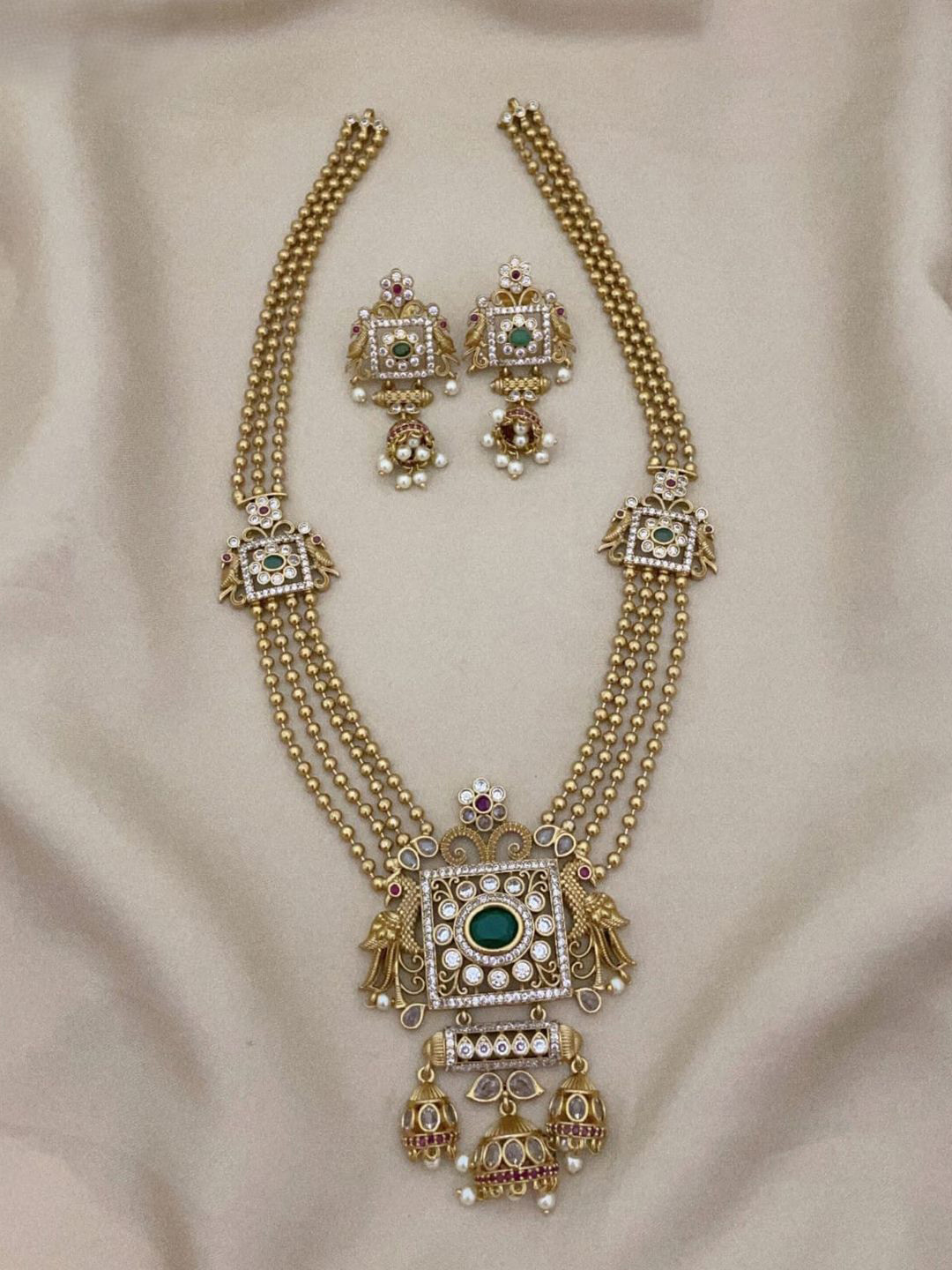 D Rio Fashions Gold Plated Cubic Zirconia Stone Studded & Beaded Necklace And Earrings