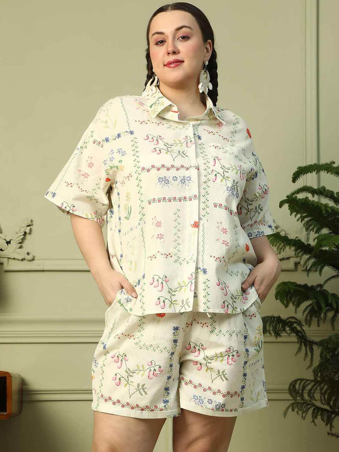 Oxolloxo Cotton Linen Floral Printed Shirt Collar Shirt With Shorts Co-Ords