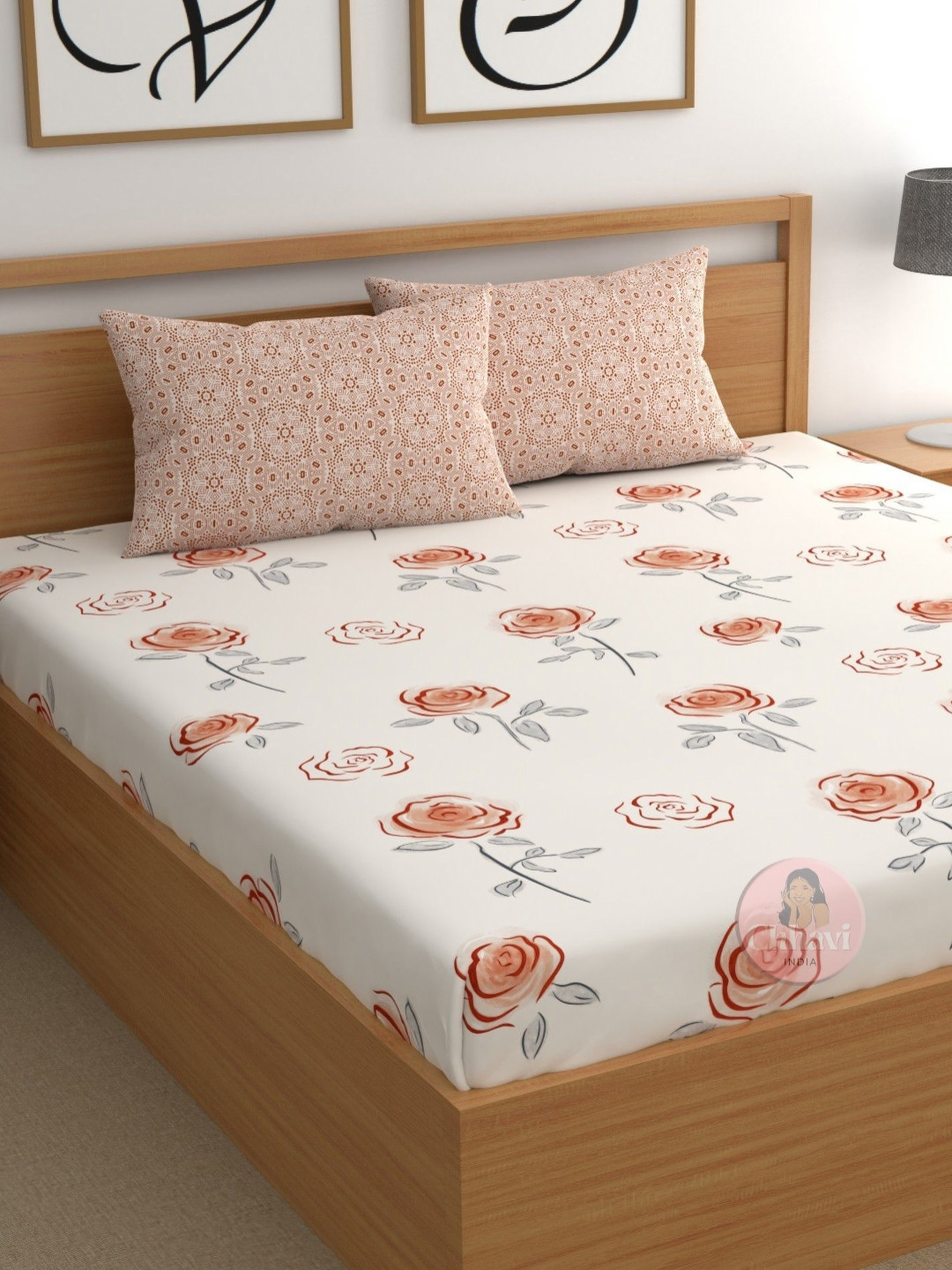 CHHAVI INDIA Lounge White Floral Microfiber 210 TC Fitted Queen Fine Bedsheet with 2 Pillow Covers-183 x 198 cm