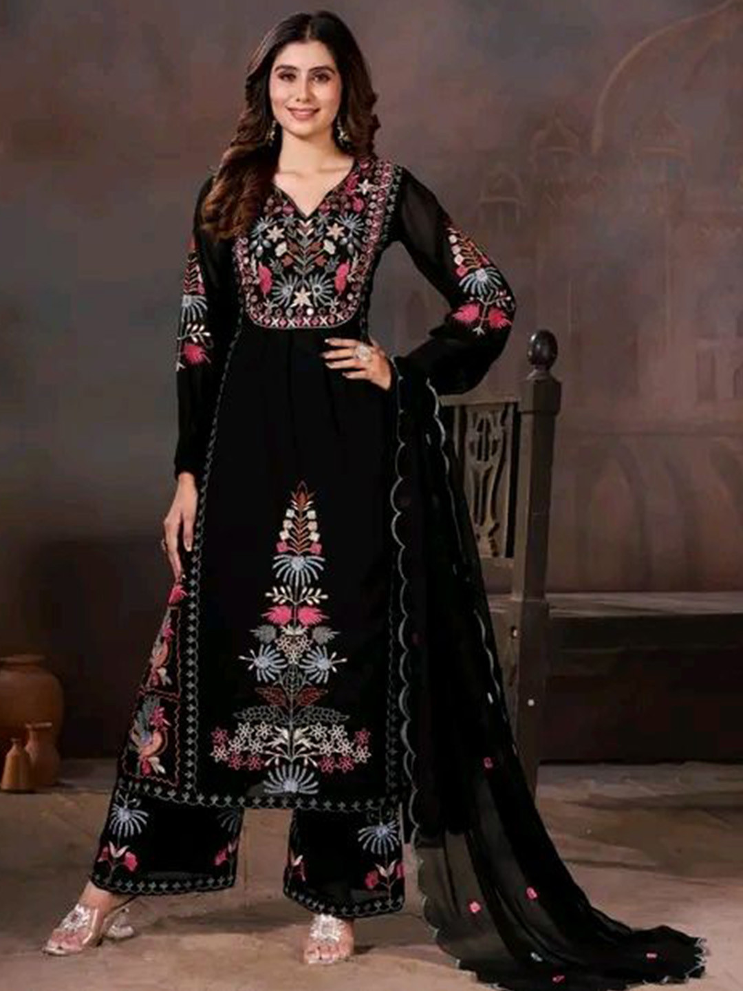 BLENDIFY Floral Embroidered Thread Work Georgette A-Line Kurta With Palazzos And Dupatta