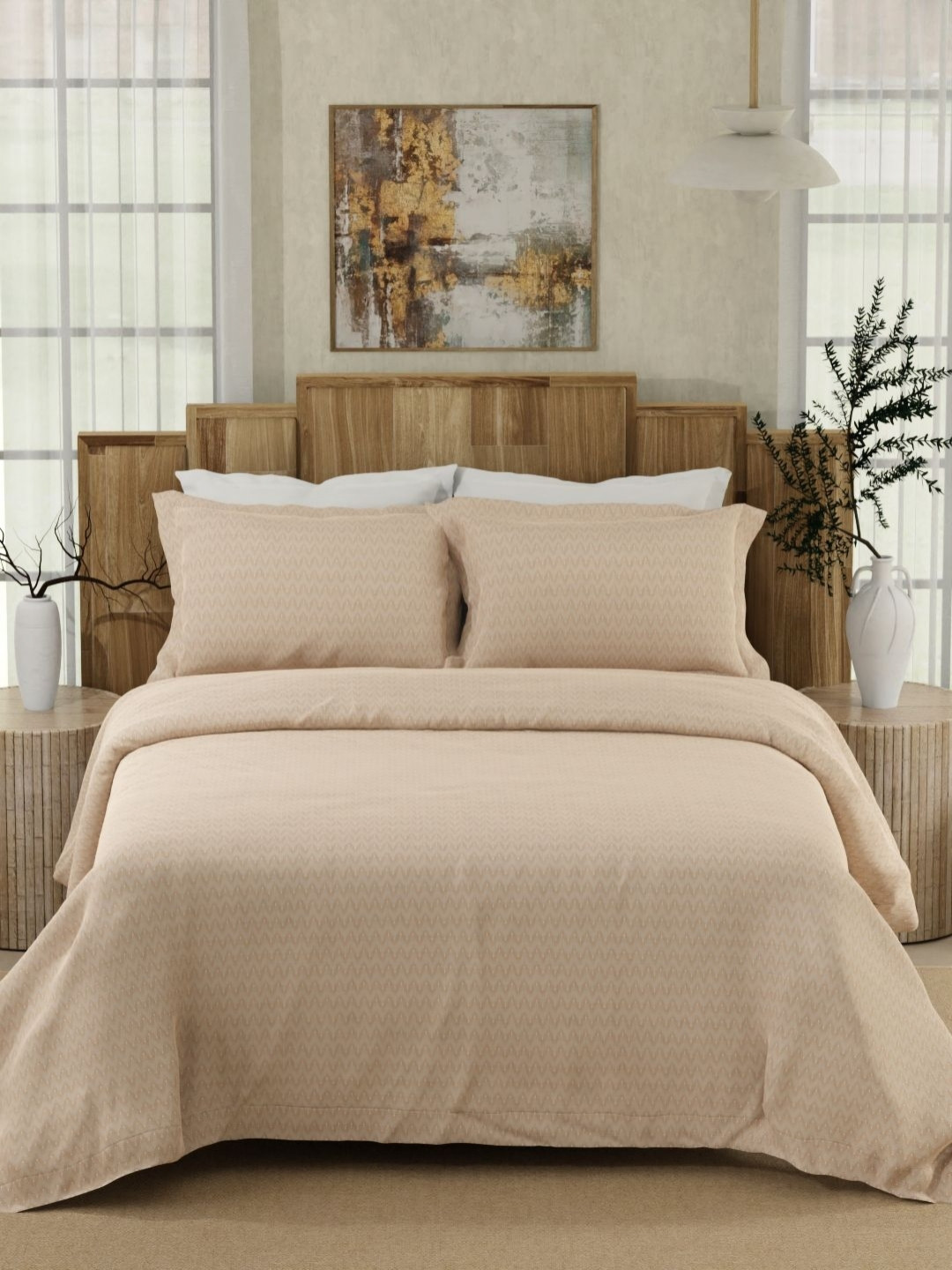 Boutique Living India Gardenia Augusta Beige Cotton 300TC King Bedsheet Set 3.05m x 3.05m