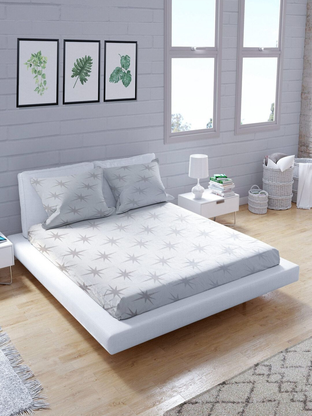 Threadwear High Quality White Conversational Cotton 400 TC King Superfine Bedsheet with 2 Pillow Covers-108 x 102 inches