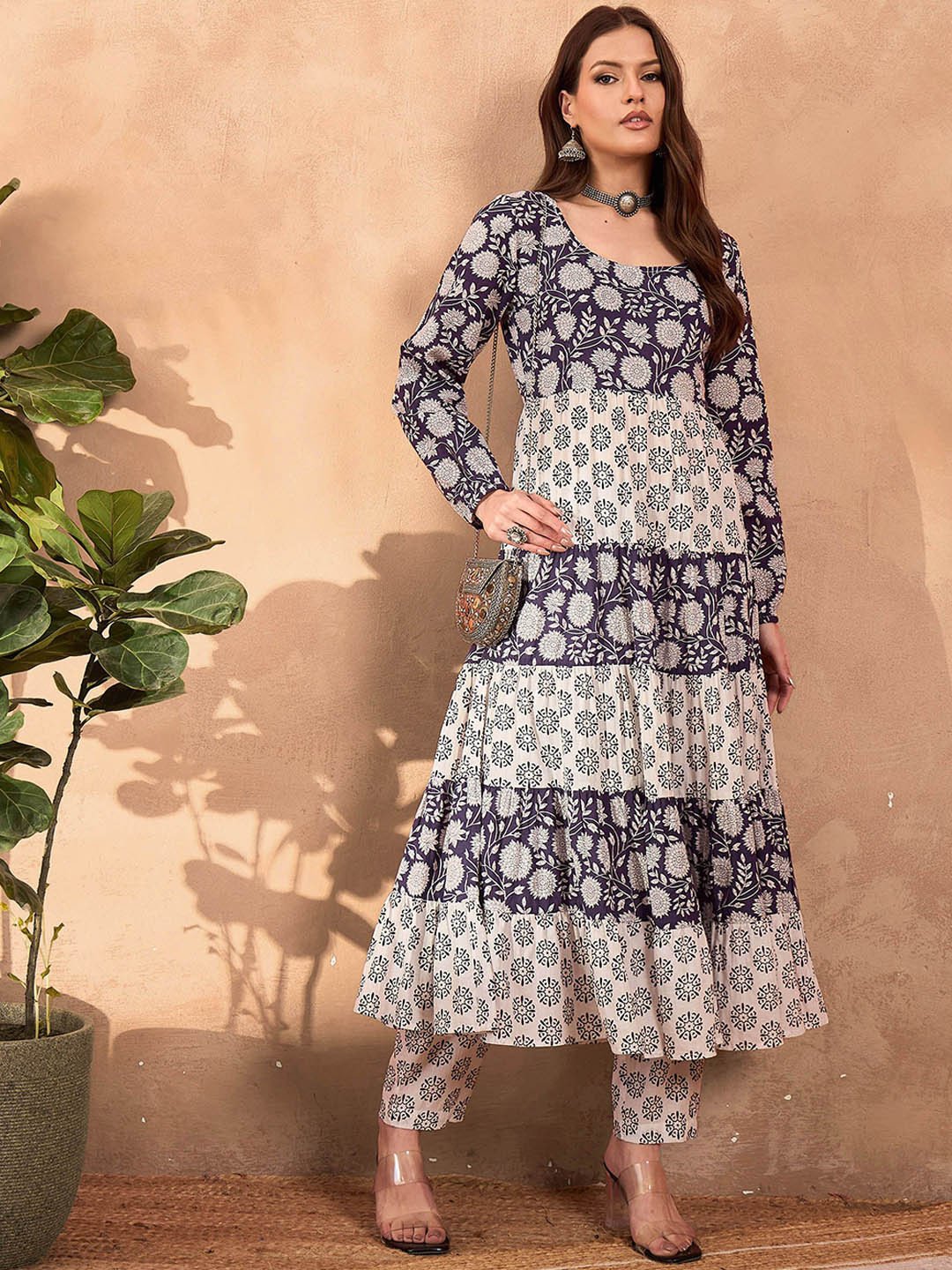 Shae by SASSAFRAS Floral Printed Round Neck Tiered A-Line Pure Cotton Kurta With Trousers