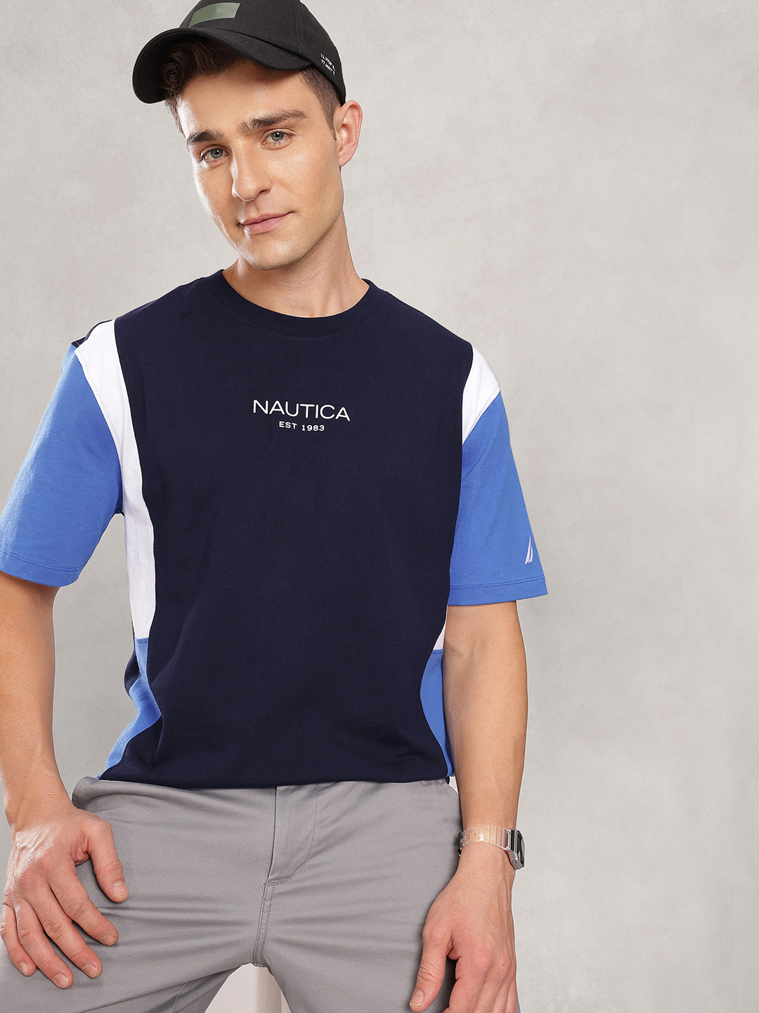 Nautica Colourblocked Relaxed Fit Drop-Shoulder Sleeves Pure Cotton T-shirt