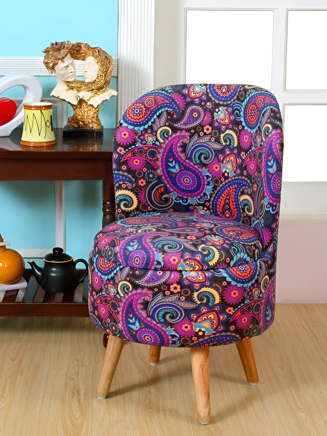 Shadowkart Purple & Blue Printed Wooden & Velvet Round Ottoman