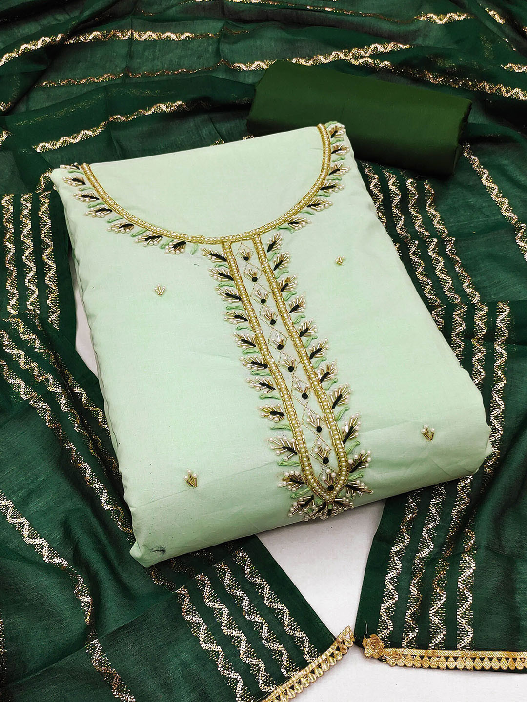 HERE&NOW Embellished Beads and Stones Cambric Cotton Unstitched Dress Material