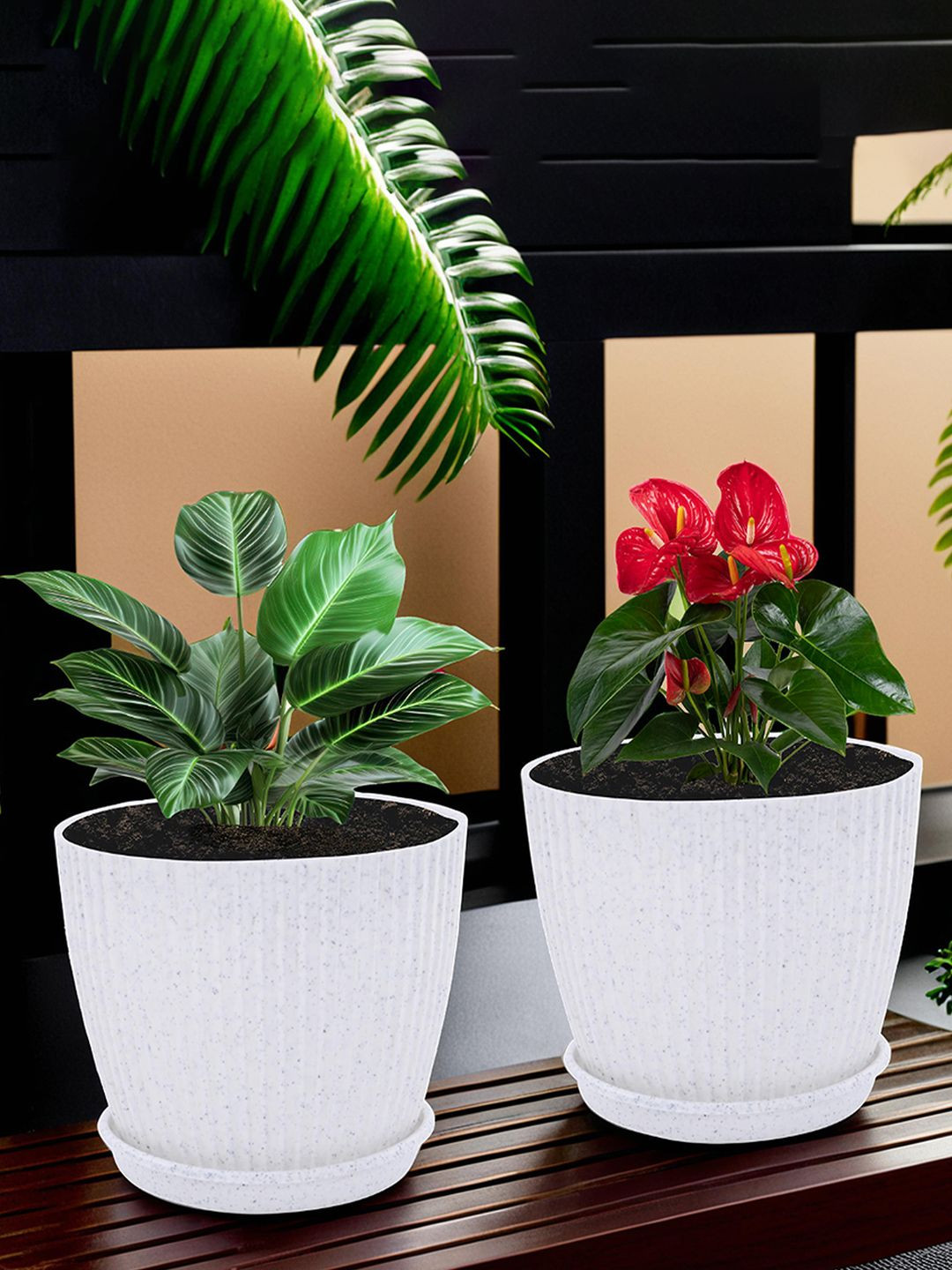 Kuber Industries White 2 Pcs Plastic 8 Inch Pots for Plants with Tray