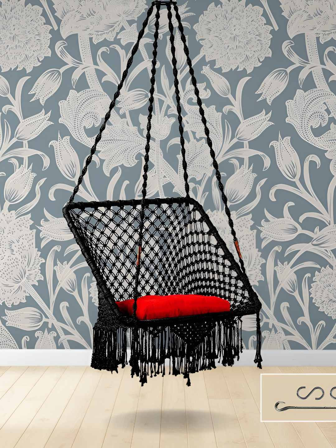 Swingzy Black & Red Square ShapedHanging Hammock Swing With Cushion