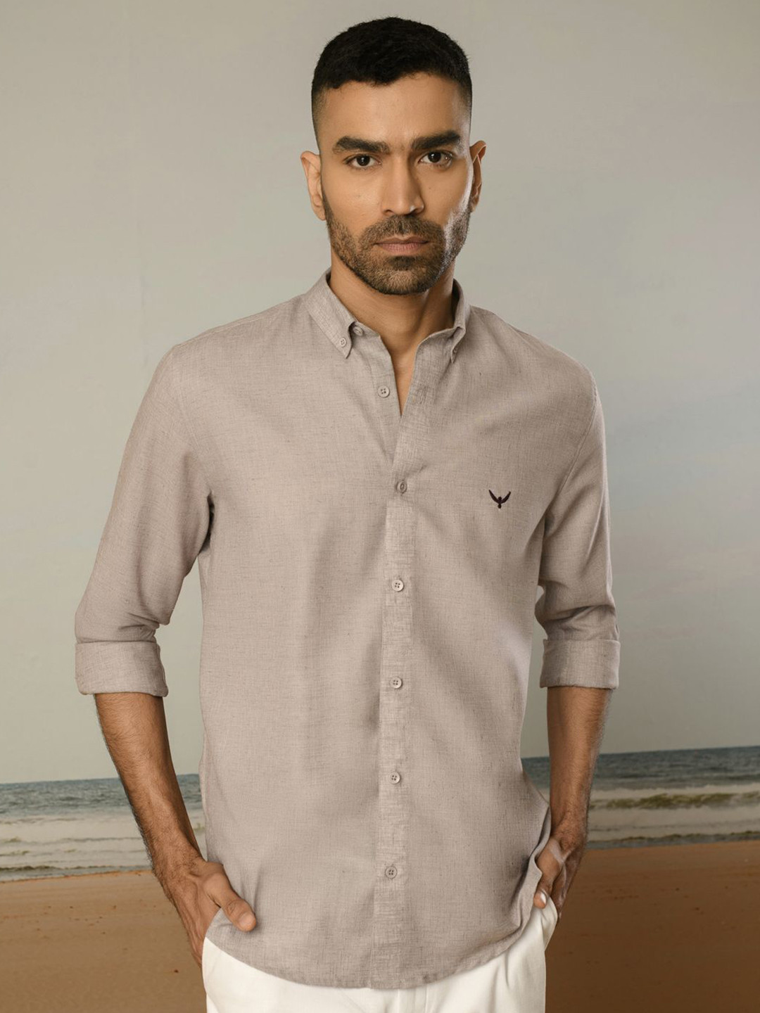 PERCH Men Lavender Solid Slim Fit Linen Shirt