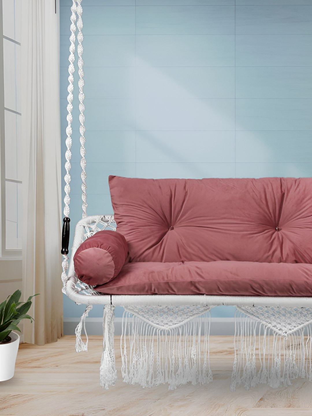 Swingzy Maroon & White Double Seater Hammock Swing With Cushion