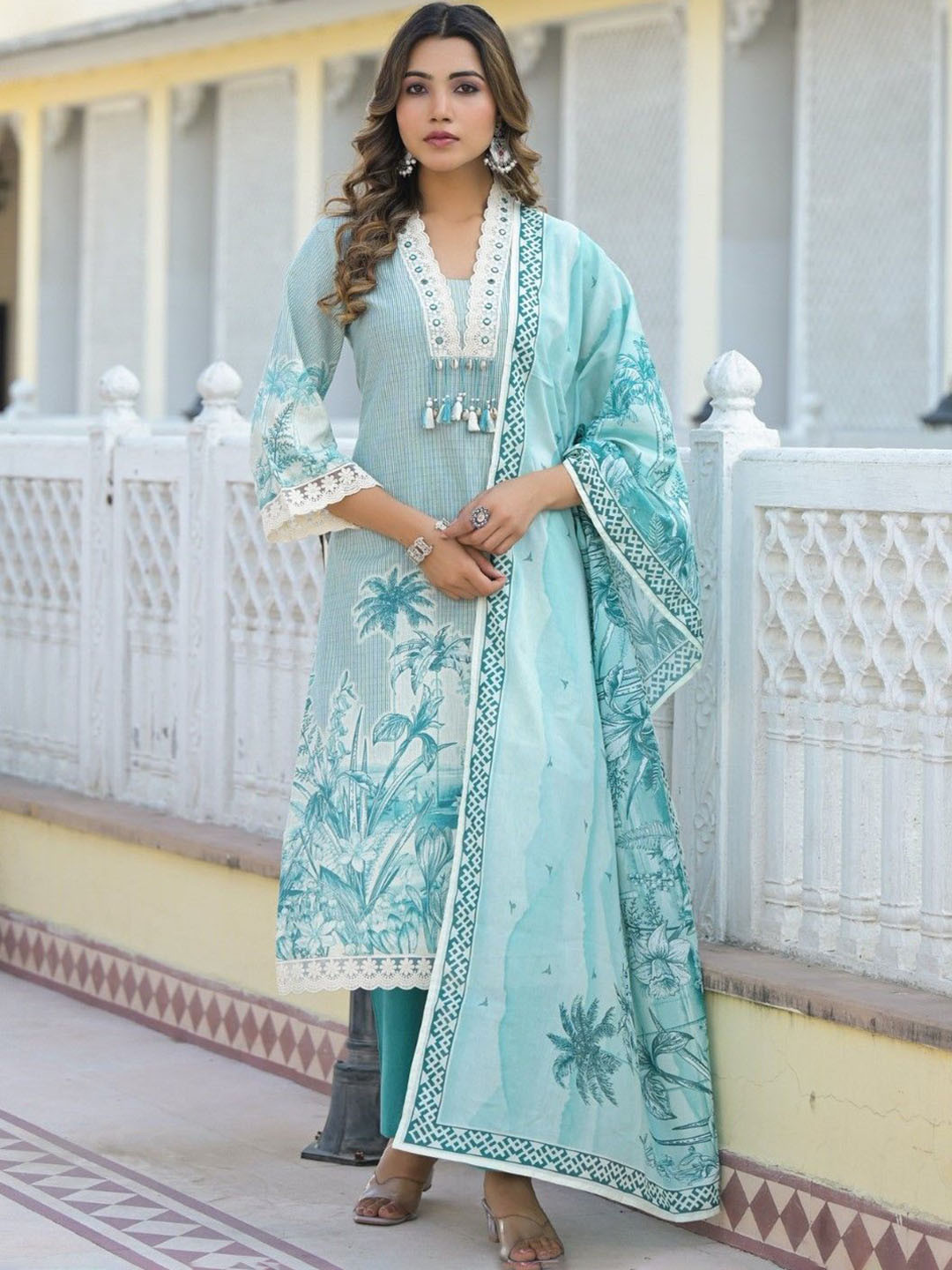 AUTUMN LANE Women Floral Printed Beads and Stones Pure Cotton Kurta with Trouser & Dupatta