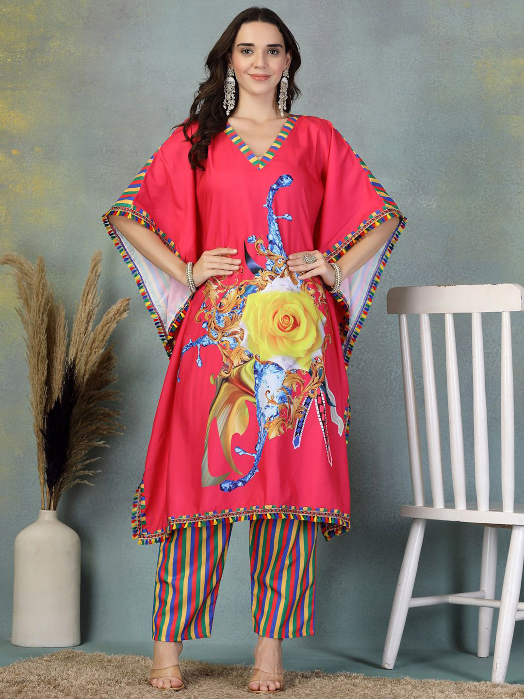 Shine N Sober Floral Printed V-Neck Kaftan Kurta With Trousers