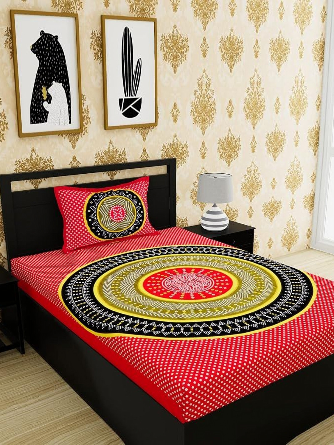 METRO LIVING Red Ethnic Motifs Cotton 104 TC Fitted Single Bedsheet with a Pillow Cover-85 x 57 inches