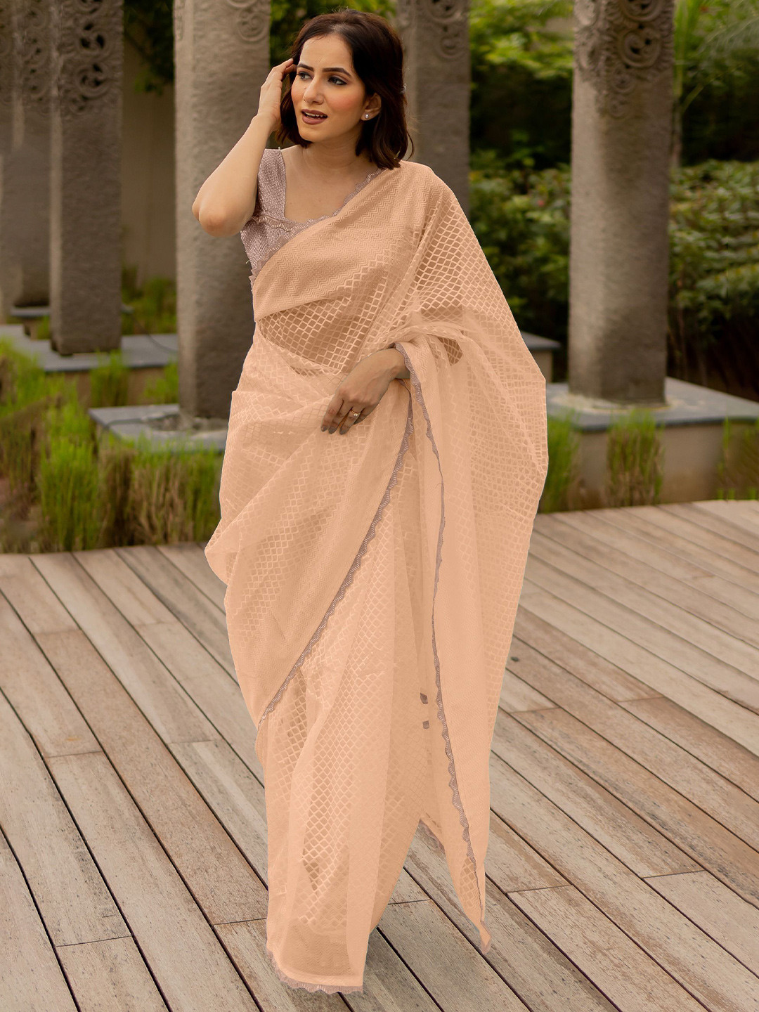 Subham Checked Beads and Stones Net Saree