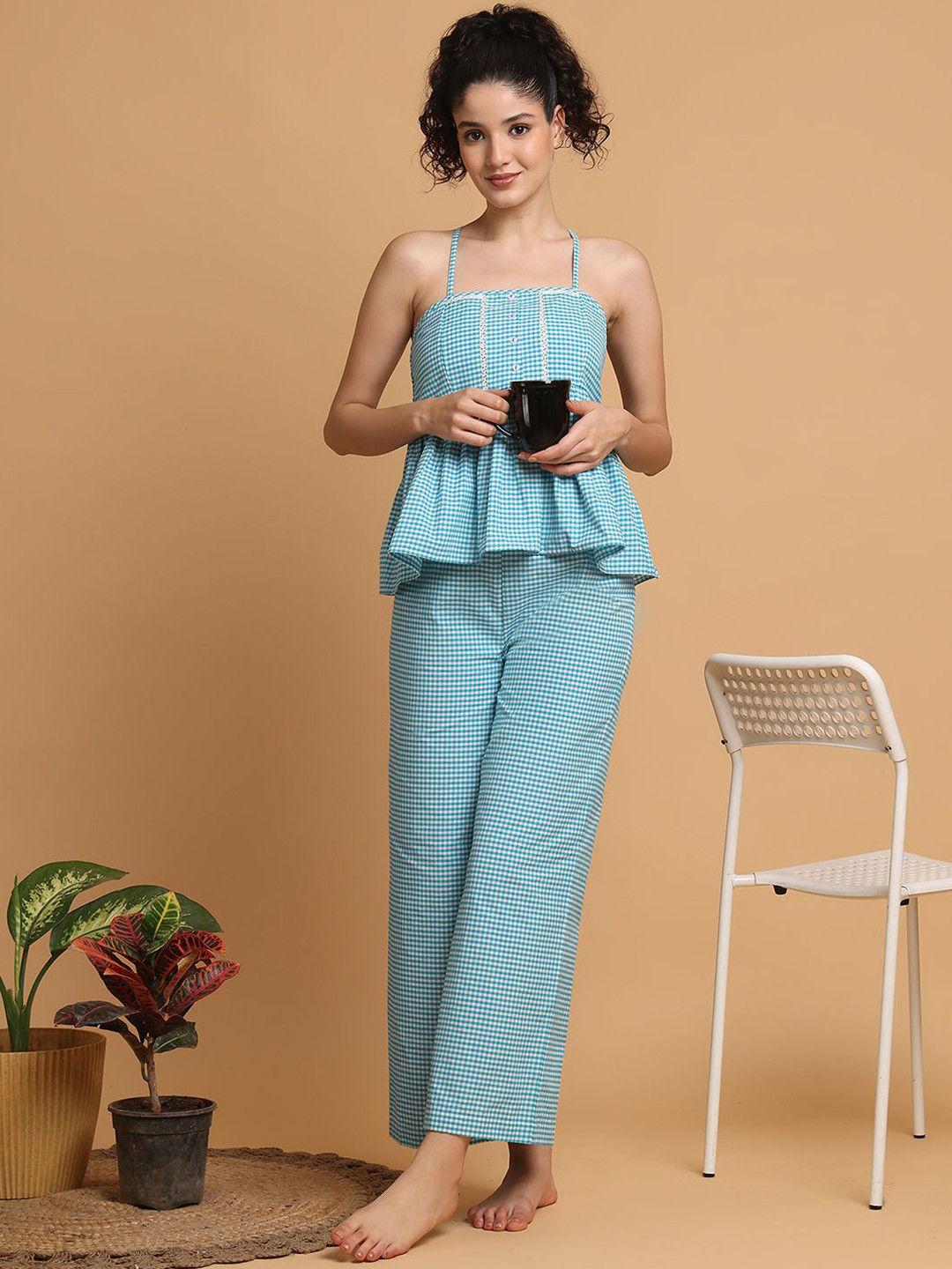BLANC9 Women Teal Checkered Strappy Top With Pyjama Night suit